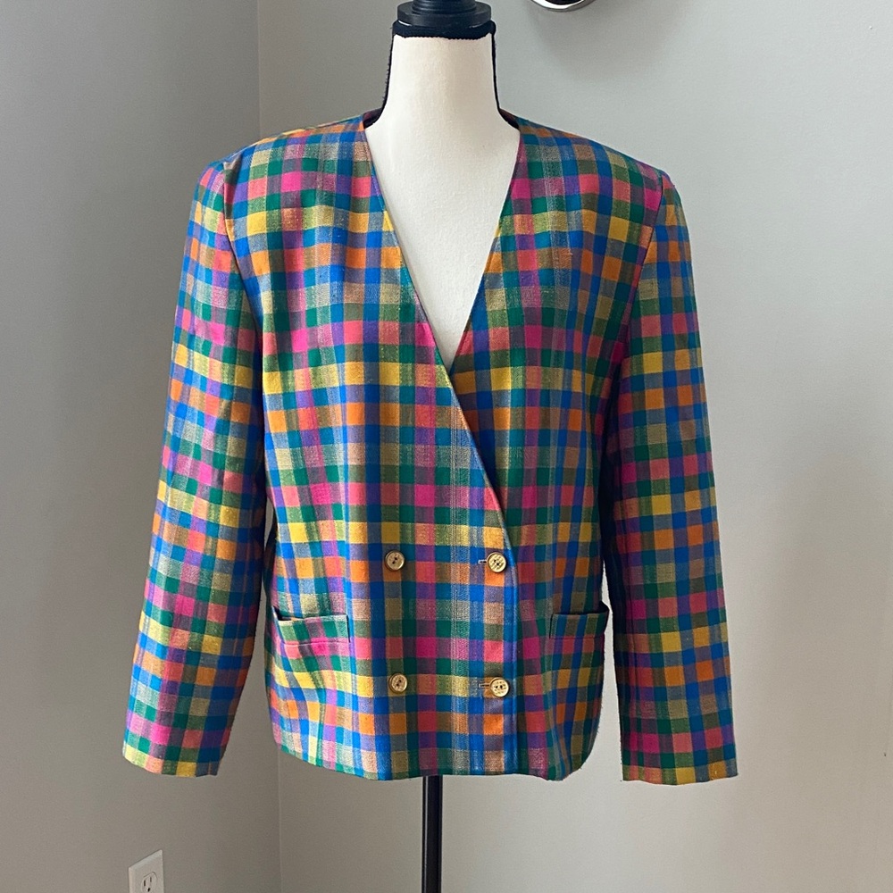 Vintage multi colored blazer cropped double breasted size 12 plaid